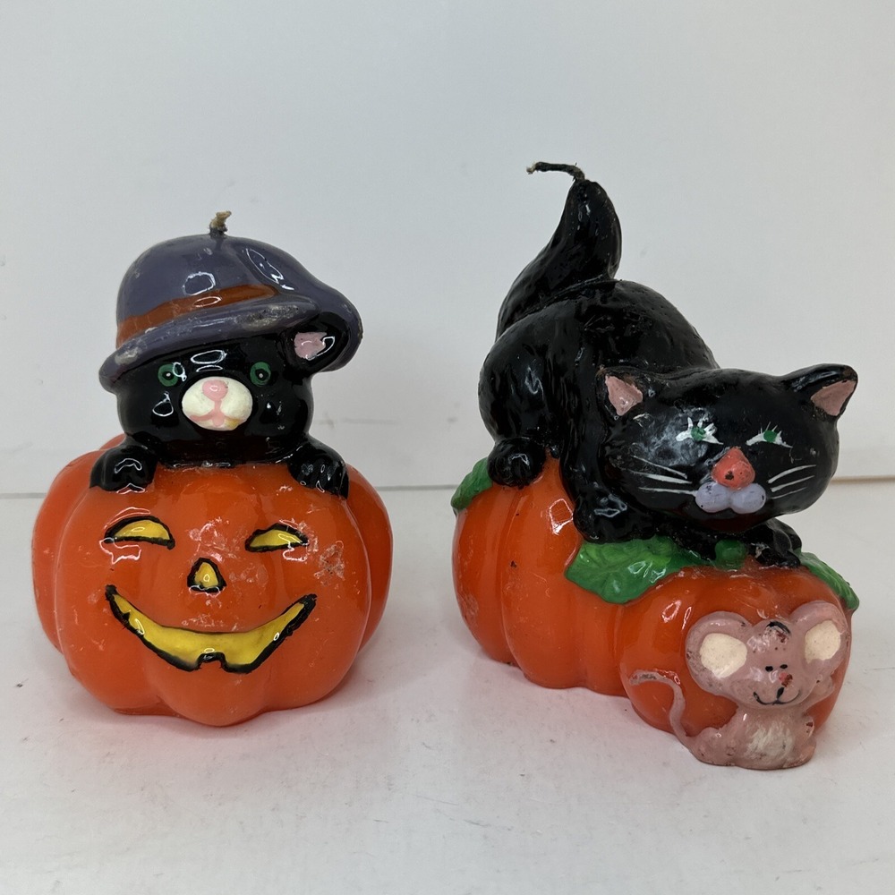 Lot of 2 Vintage Halloween Candles Black Cat Pumpkin Jack-O-Lantern Mouse Fall